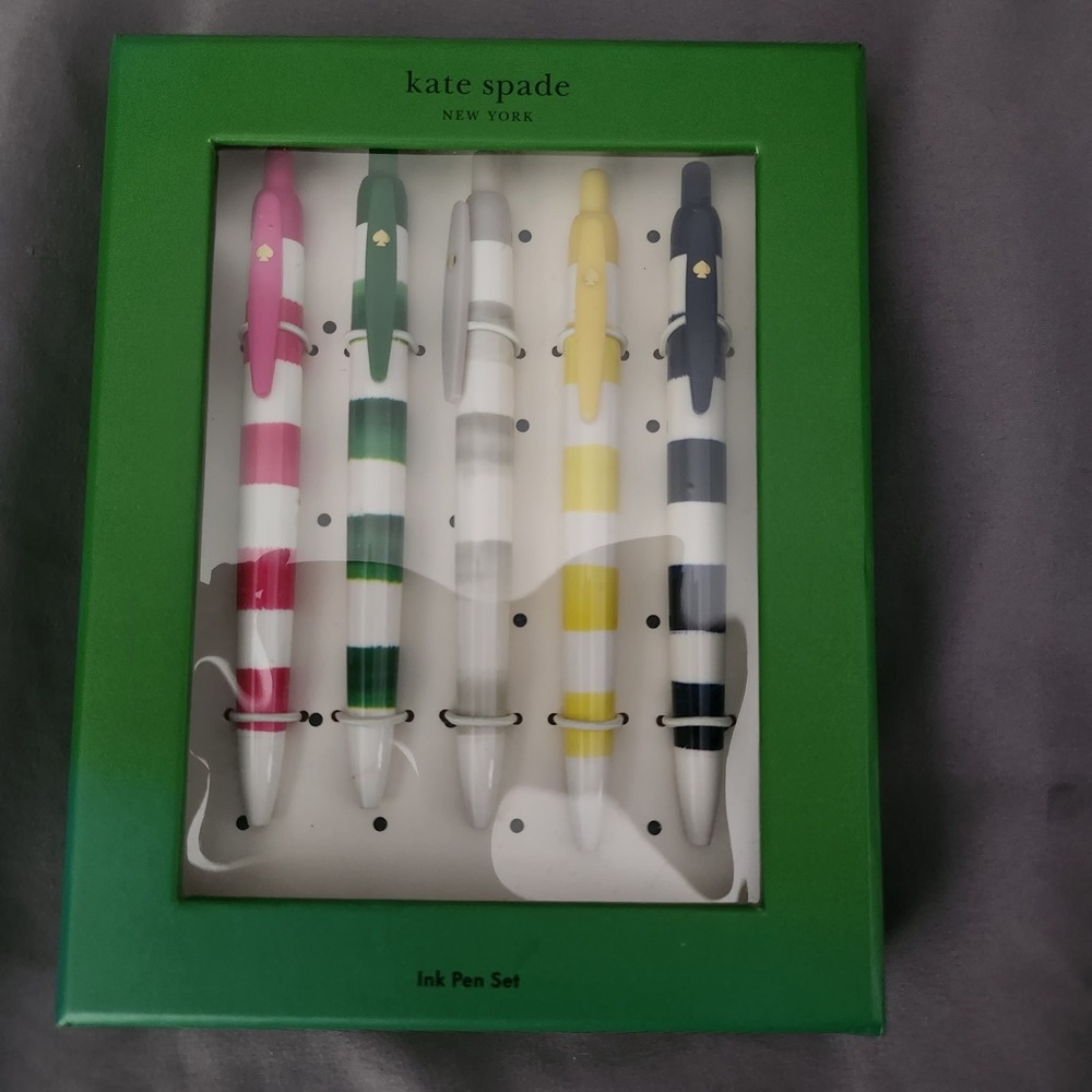 Kate Spade New York Rugby Stripe Ink Pen Set of 5 Black Ink Retractable Colorful